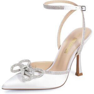 🆕 Women White Ankle Strap Sparkly Bow Shine Star Wrap-Around High-Heel Pumps